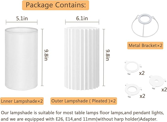Small Lamp Shades Set of 2 for Table Floor Lamps, 9.8"x6.1"x6.1" Drum Lamp Shades, Pleated Lamp Shade, Linen Round Lampshades, E27 E14 and 11mm Adapters