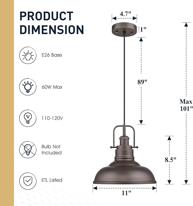 zeyu Farmhouse Pendant Light, 1-Light Industrial Hanging Light Fixture 11-inch, Oil Rubbed Bronze Finish, 016-1 ORB