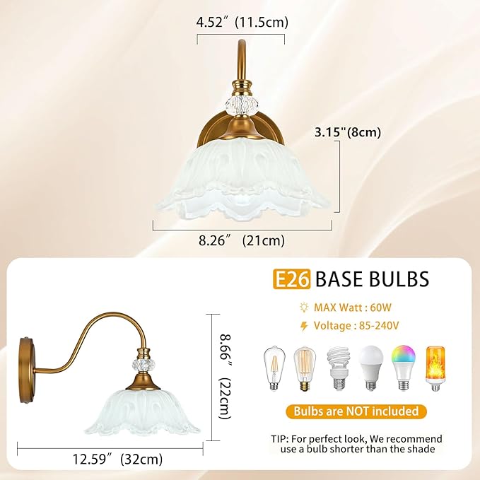 1 Piece Vintage Wall Sconce with Floral White Glass Shade, Matte Brass Finish Wall Sconce for Bathroom, Vintage Bathroom Vanity Light Fixture