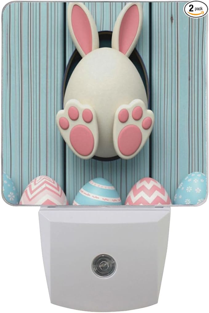 Vdsrup Funny Easter Rabbit Night Light Set of 2 Cute Eggs Bunny Plug-in LED Nightlights Auto Dusk-to-Dawn Sensor Lamp for Bedroom Bathroom Kitchen Hallway Stairs