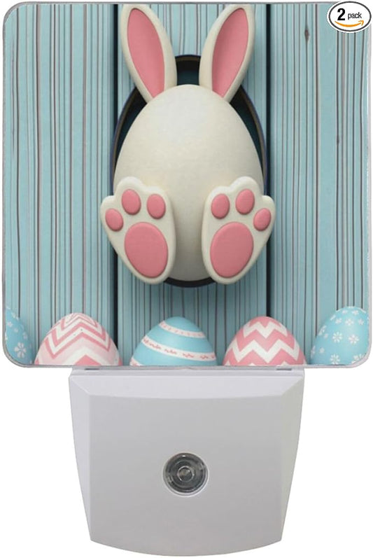 Vdsrup Funny Easter Rabbit Night Light Set of 2 Cute Eggs Bunny Plug-in LED Nightlights Auto Dusk-to-Dawn Sensor Lamp for Bedroom Bathroom Kitchen Hallway Stairs
