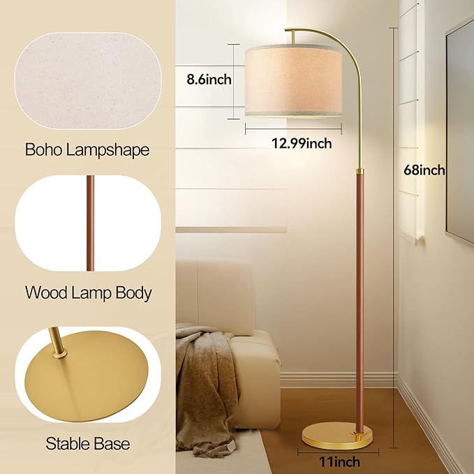 Wood Floor Lamps for Living Room Arc Floor Lamp with Remote Control,Dimmable Farmhouse Floor Lamp Mid Century Modern Standing Lamp with 3 Color Temperature Tall Vintage Floor Lamp For Bedroom Corner
