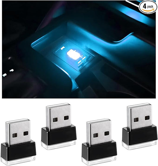 4 PCS USB LED Car Interior Atmosphere Lamp, Portable Plug-in 5V USB Car LED Interior Lighting Night Lamp, Mini USB Ambient Lighting Decor for Home Car Laptop Keyboard (Ice Blue)
