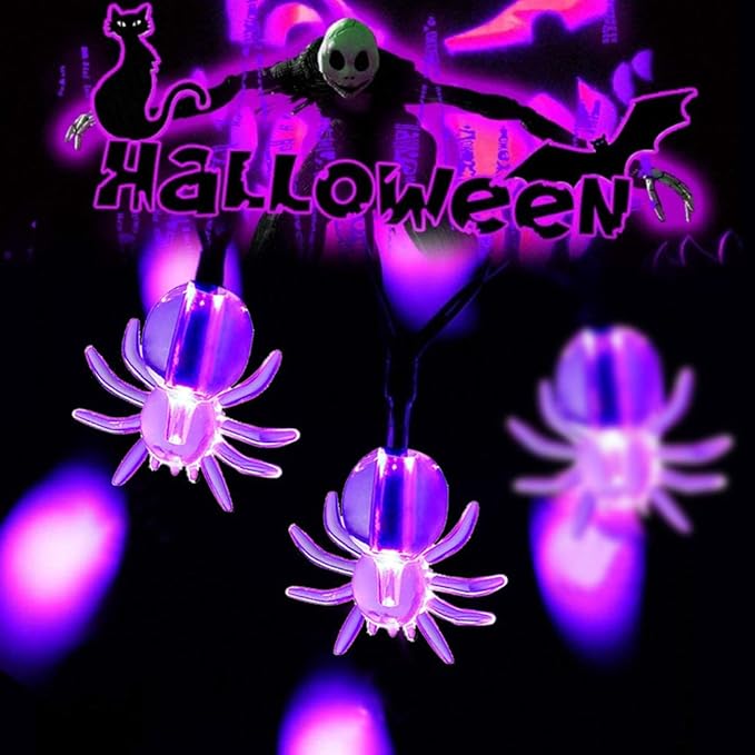 Halloween Solar String Lights, 21.3 Ft 30 LED Purple Spider LED Lights IP65 Waterproof for Halloween Outdoor Indoor Party Decor, Patio, Lawn, Garden, Yard