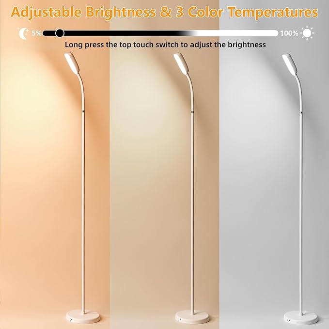 NBPLUS Cordless Portable Floor Lamp, White Touch- Standing Lamp with 3 Color Temperatures, Lightweight & Easy to Carry for Indoor Outdoor Camping Bedroom-White