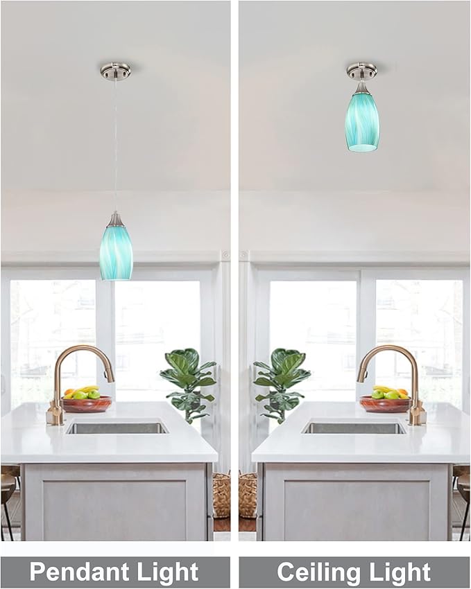 Mini Art Glass Pendant Lights Kitchen Island,Handcrafted Teal with Gold Glass Ceiling Pendant Lighting Brushed Nickel Adjustable Cord Hanging Lamp Cover for Coffe Bar,Dining Room 3pack
