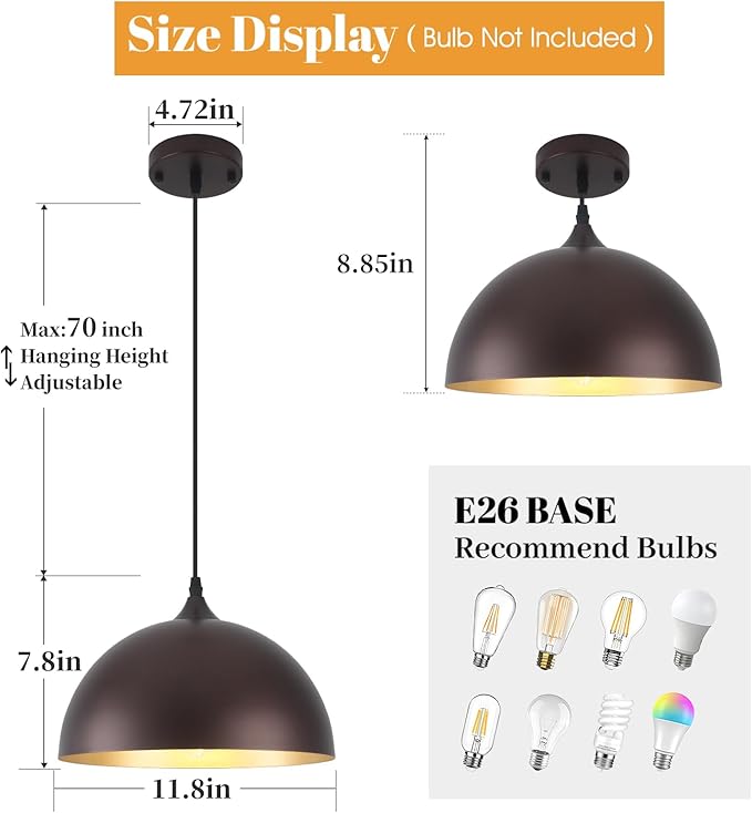 Kitchen Pendant Lights 2 Pack, 11.8 Inch Farmhouse Pendant Light Fixtures, Adjustable Height Dome Hanging Light for Dining Room Cafe Barn,Oil Rubbed Bronze Finish