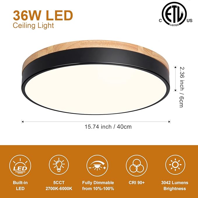 Dimmable Modern Wood Ceiling Light, Black LED 5CCT 2700K-6000K Flush Mount Ceiling Lighting Fixture, Round Light Fixtures for Kitchen Living Room Dining Room Bedroom 15.8in