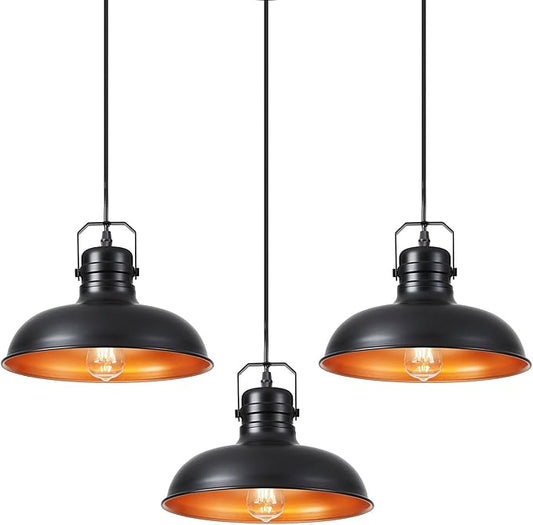 Industrial Pendant Light, 10.5 Inch Farmhouse Small Black and Gold Chandelier, Vintage Hanging Light Fixture with 71'' Height Adjustable Cord for Kitchen Island, Dining Room, Bedroom - 3 Pack