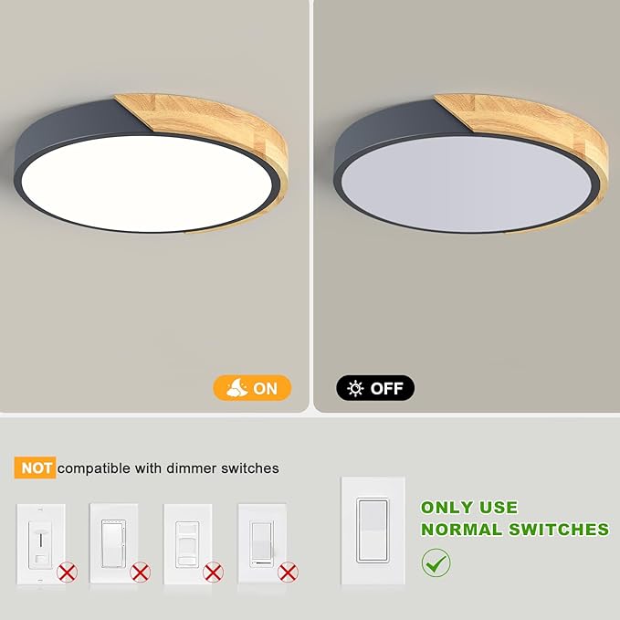 Vikaey Modern LED Ceiling Light, Minimalist Wood Flush Mount Ceiling Light Fixture, 4000K Not Dimmable, Circle Lighting Lamp with Acrylic Lampshade for Bedroom Dining Room Laundry (Grey, 11.8'')