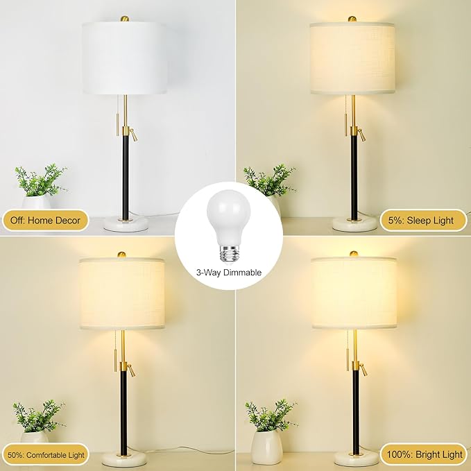 Black and Gold Table Lamps Set of 2: 22" to 30" Height Adjustable Nightstand Lamps with White Linen Shade | Pull Chain Switch | Marble Base - 3 Way Dimmable Beside Lamp for Bedrooms Living Room