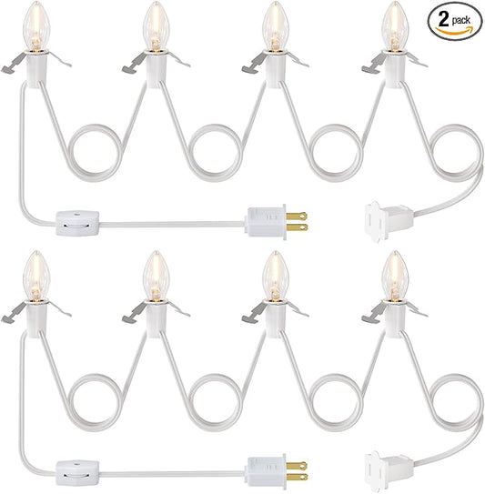 SURAIELEC Accessory Cord with 4 LED Bulbs, 10.5ft Christmas Village Lights, House Light Replacement with On/Off Switch, C7 Cord for Halloween Decorations, UL Listed, Set of 2