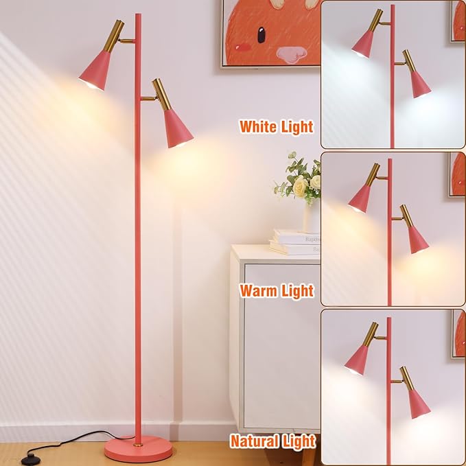 Modern Floor Lamp with 2 Adjustable Head Tall Pole Uplight for Living Room, Bedroom, Office,Pink and Gold Corner Light for Reading (Pink and Gold)