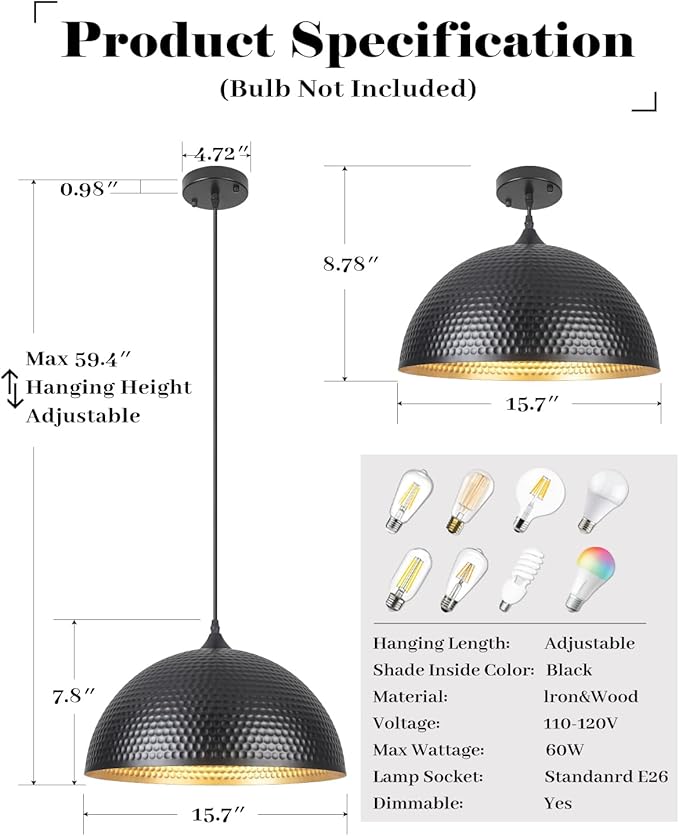 16 inch Black and Gold Pendant Light 1 Pack, Hammered Large Industrial Pendant Lights Kitchen Island, Black Dome Pendant Light for Kitchen Island, Dining Room, Bar