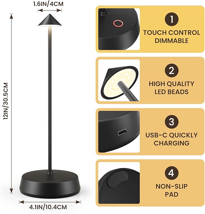 Cordless Table Lamps Rechargeable, 6000mAh LED Battery Operated Desk Lamp, Portable Outdoor Waterproof Touch Stepless Dimmable Wireless Table Light for Dining Restaurant Home Patio (Black-1PC)