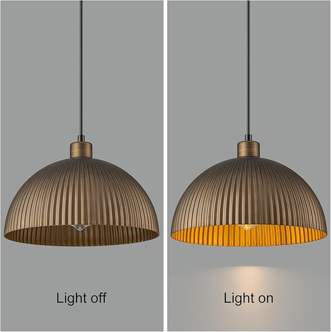 Lingkai Vintage Antique Brass Dome Pendant Light, 11.8'' Pendant Lights Kitchen Island, Hanging Ceiling Light Striped Metal Shade