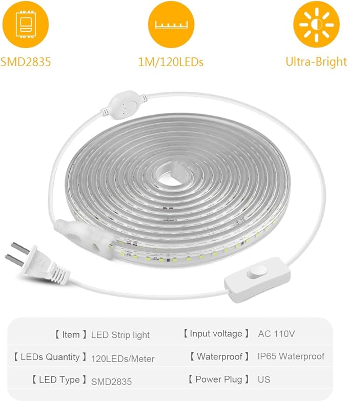 LED Strip Lights White Waterproof 164ft/50M 6000LEDs 2835 SMD 110V 6500K Outdoor LED Rope Light Flexible Ribbon for Kitchen,Bedroom,Garden,Patio,Backyard,Hallways