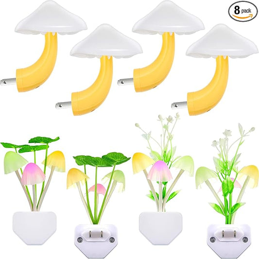 Riakrum 8 Pcs Mushroom Night Light 7 Color Changing Mushroom Lights LED Lamp Plug into Wall Sensor Cute Plant Night Lights for Bedroom, Bathroom, Stairs, Toilet, Hallway, Kitchen