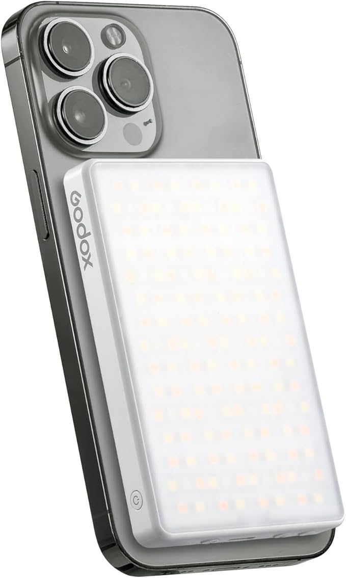Godox RGB LED Light & Magnetic Wireless Power Bank (White), Pocket Panel 1800–10000K, CRI 95/TLCI 97, Bluetooth NFC App Control, 14 FX, Selfie Light for Vlogging (MA5RWHT)
