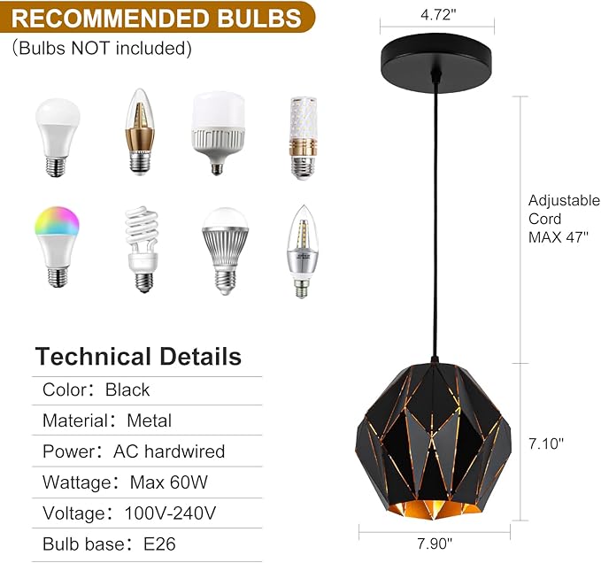 Industrial Pendant Lights Kitchen Island,Black Hanging Lighting Fixture with Metal Geometric Diamond Shade Vintage Ceiling Chandelier Pendant Lamp for Dining Living Room Bedroom 1 Light