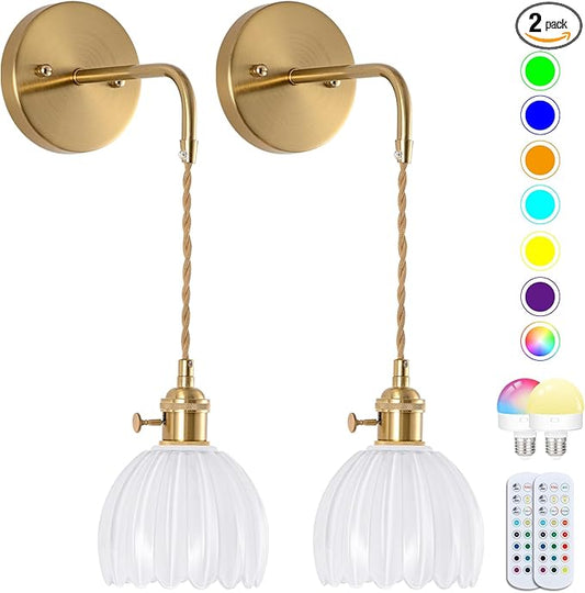 Vintage Battery Operated Wall Sconces Sets Of Two, Indoor not Hardwired Milky White Tulip Glass Lampshade Fixtures, Rechargeable Wireless RGB Wall Lights with Dimmable Remote, for Bedroom Living Room