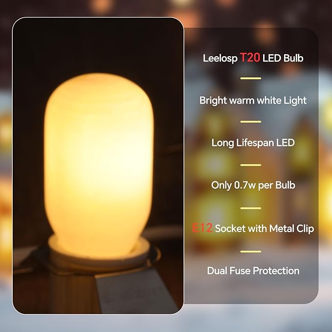 Leelosp 26 FT Accessory Cord with 15 LED T20 Light Bulb, Christmas Village Light with 2 Fuse Blow Mold Cord ON/Off Switch for Christmas Trees Craft Holiday Halloween