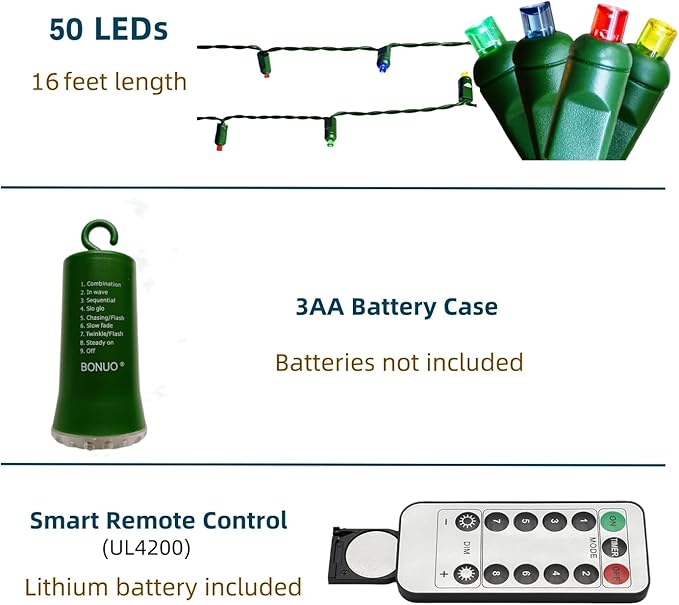50 LED Battery Operated Christmas Lights, 16FT 5mm Mini String Lights with Remote Timer 8 Modes Waterproof for Indoor Outdoor Tree Garden Wreath Christmas Decor (Multicolor)