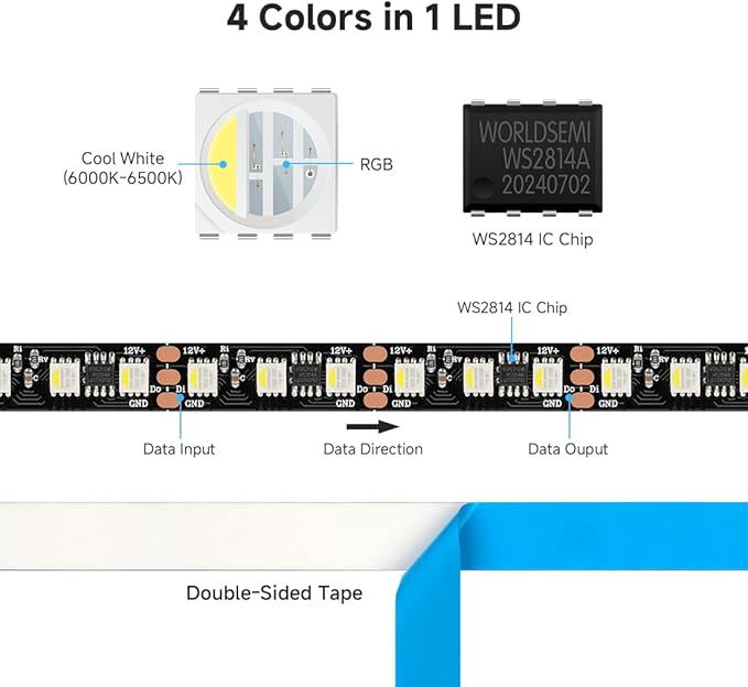 BTF-LIGHTING WS2814 IC RGBW RGB+Cool White(Similar WS2812B) Addressable DC12V 16.4FT 84LED/m 28pixel/m 4 Colors in 1 Dream Color LED Strip 12mm Width PCB IP30 for Home Decor(No Adapter or Controller)