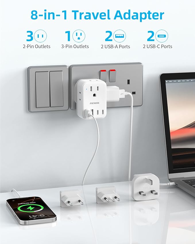 European Travel Plug Adapter Set, 8-in-1 Travel Adapter with 4 AC, 4 USB Ports (2 USB C), US to EU/UK Italy France Germany, International Power Adapter with Type G/C/L Detachable Plugs