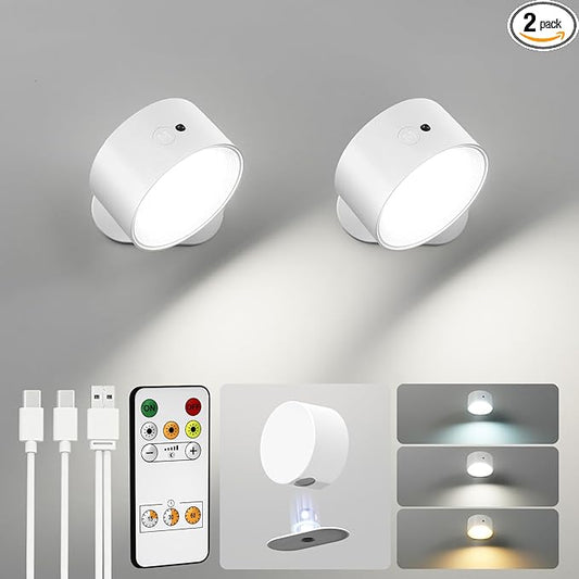 LED Wall Mounted Lights, Rechargeable Wall Sconces Lamp, 3 Color Temps & Remote and Touch, 360°Rotation Dimmable Cordless Wall Light for Study Bedroom Reading Bedside(White, 2 Pack)