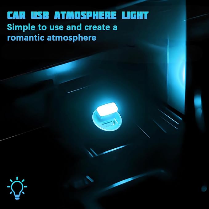 4PCS/Set USB LED Car Interior Atmosphere Lamp, Portable Mini Vehicle LED Night Light, Plug-in USB Interface Automotive Interior Ambient Lighting Kit Accessories, Universal Fit (Ice Blue)