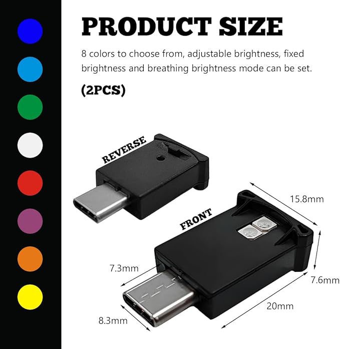 2PCS USB Type C LED Ambient Light, 8 Colors RGB LED Car Atmosphere Lamp with Adjustable Brightness, 5V Plug-in USB Night Lights Interior Decoration for Vehicle Home Office
