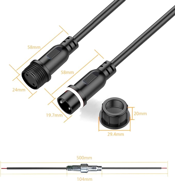 Waterproof Connectors 2 Wire,12AWG Male Female Plug LED Connector with 2Pin Waterproof Connectors,IP68 25CM Extension Cable for Car, Truck, Boat,LED Strip Lights,(2Pairs)