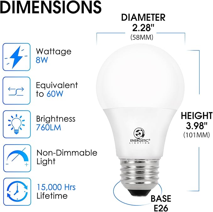 Energetic 24 Pack LED Light Bulbs, 60 Watt Equivalent A19 LED Bulb, Soft White 2700K, Non-Dimmable, E26 Base, ETL/UL Listed, 15000 Hrs, Standard Light Bulbs