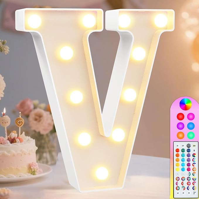 Pooqla Colorful Light Up Letters with Remote, Upgraded 35 Colors LED Marquee Letters, RGB Lighted Letter for Girls Teenager Gift, Birthday, Party, Wedding, Night Light, Room, Bedroom Decor, Letter V