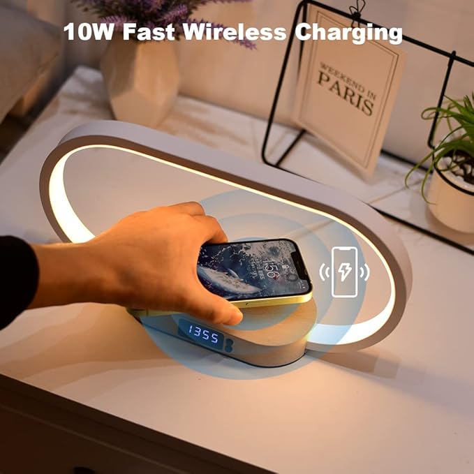 Donewin Bedside Lamp with USB Port,Bedroom Lamp with Wireless Charger,Nightstand Lamp with Clock,Table Lamps for Nightstand,Touch Lamps for Bedroom,Wood Decor,Stepless Dimming&3 Color Modes