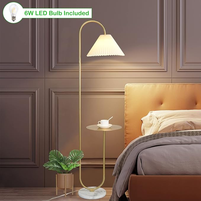 beaysyty Modern Elegant with Tray Floor Lamp for Office Cafe Den Living Room Bedroom, Foot Switch and Brass/Gold Finish,Light Yellow Pleated Cloth Lampshade