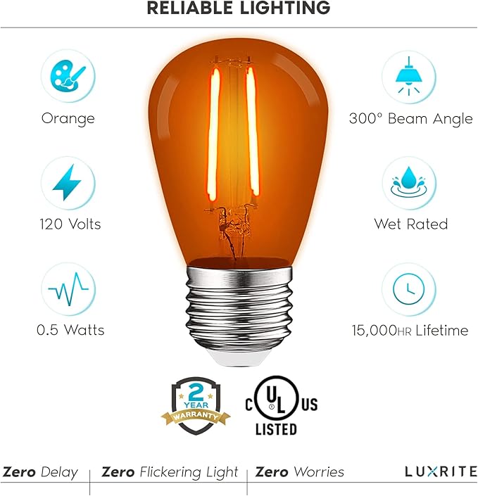 LUXRITE 12-Pack S14 Edison LED Orange Light Bulb, 0.5W, Colored LED Bulbs for Outdoor String Lights, UL Listed, E26 Base, Indoor Outdoor, Decoration, Party, Holiday, String Light Replacement Bulbs