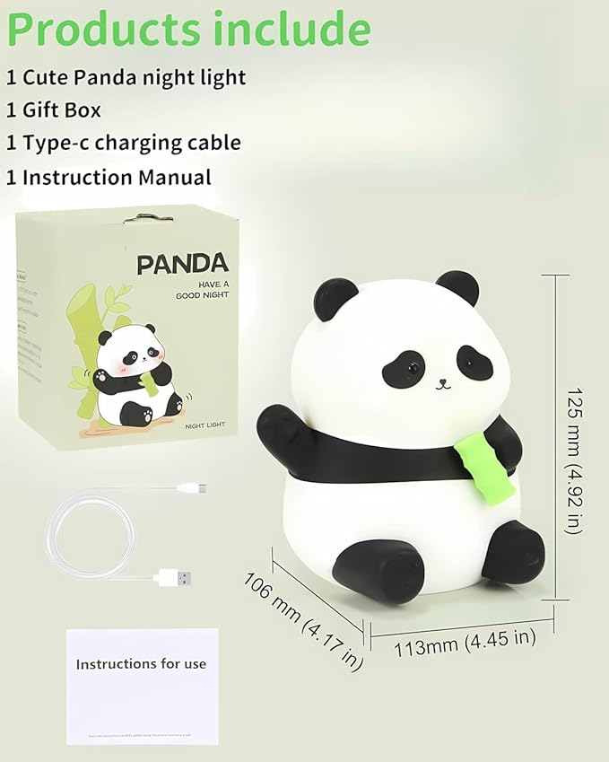 Panda Night Light Squishy, 50Hrs Battery Kids Nightlight, Tap Control 2 Brightness, 30Min Auto-Off, Rechargeable Bedside Lamp for Nursery Toddlers, [Easter Gifts]