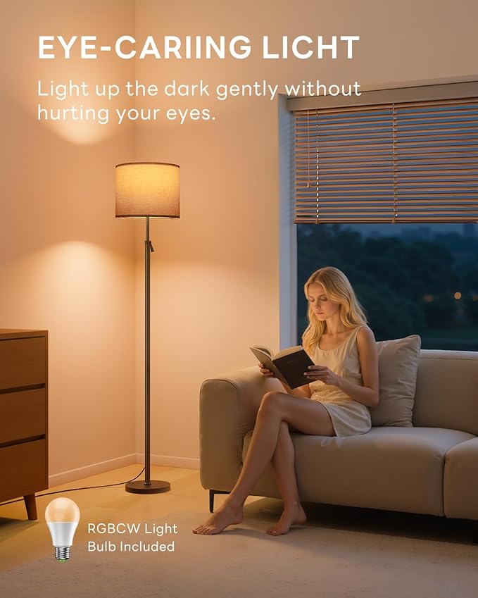 Floor Lamp for Living Room with RGBCW Color Changing Bulbs Dimmable, Adjustable Height Standing Lamp with Remote Control, 10W 1200 Lumen, Tall Lamp for Living Room, Bedroom, Office, Black