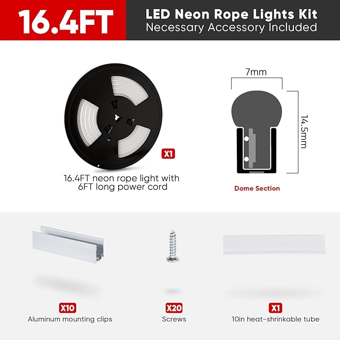 Shine Decor LED Neon Rope Lights AC 120V, ETL-Listed Flexible 120LEDs/M Dotless Strip Lighting, Custom Cuttable & IP65 Waterproof for Indoor Outdoor, 7x14.5mm, 3000K Warm White, 16.4FT