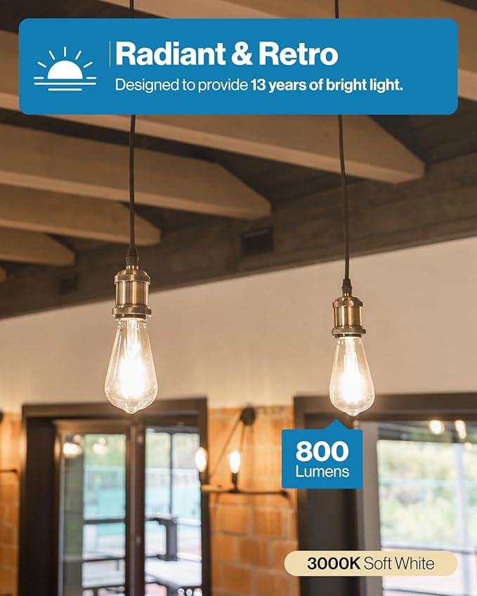 Sunco 40 Pack Edison Bulbs LED ST64, Clear Vintage Filament Waterproof Bulb, 800 LM, 8W (60W Equivalent), ST19, 3000K Warm White, E26 Medium Base, Decorative Dimmable UL