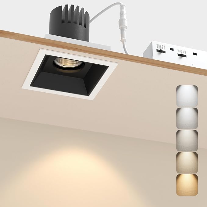 LED Square Recessed Lighting, 12W Adjustable Downlight, Aluminum Recessed Ceiling Light with Junction Box, 5 CCT 2700K-6000K, Rotation Spotlight for Living Room Bedroom Hallway Kitchen