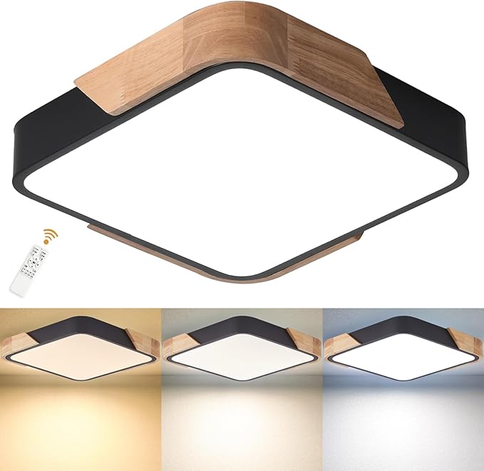 LED Ceiling Light, Flush Mount Ceiling Light Dimmable 36W, Light Fixtures Ceiling Mount with Remote, Wood Modern Ceiling Lamp, Ceiling Lights for Bedroom Kitchen Living Room Hallway,15.7in