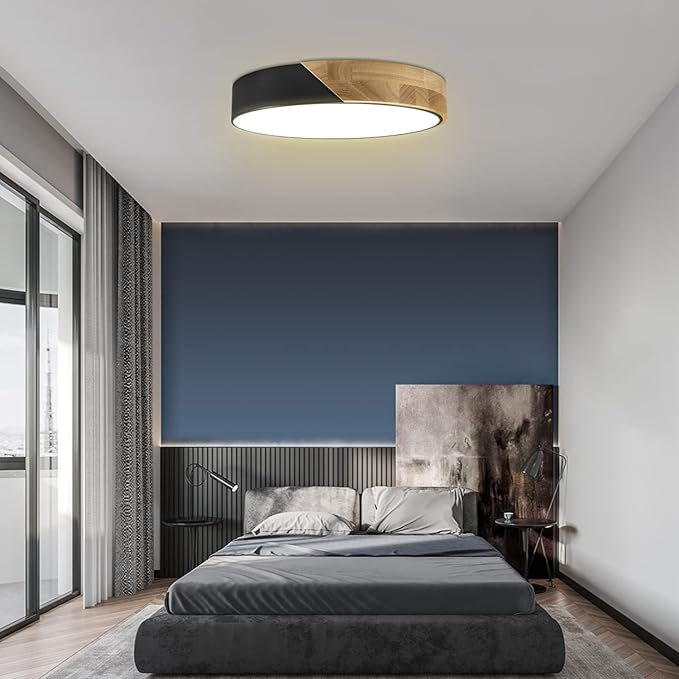 Led Ceiling Light Flush Mount: 12 Inch 24W Bedroom Light Fixture with Round Wood Modern Black Flat Overhead Minimalist Ceiling Lamps for Kitchen Hallway Laundry Warm White 3000K, Not Dimmable