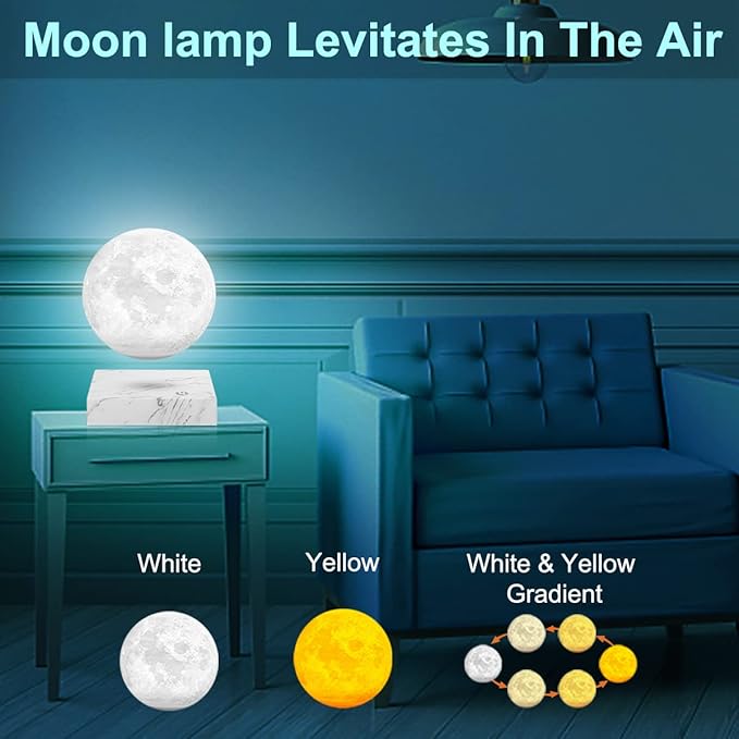 VGAzer Levitating Moon Lamp,Floating and Spinning in Air Freely with 3D Printing LED Moon Lamp 16 Colors Night Light for Unique Gifts,Room Decor (3 Colors)