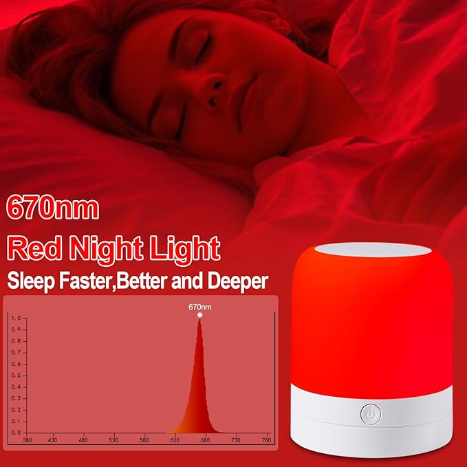 670nm Red Light Night Light Lamp for Sleep - Zero Blue Light, 4 Color Modes Rechargeable Portable & Hangable Design, Dimmable and Auto-Off Timer for Bedroom Nursery Camping