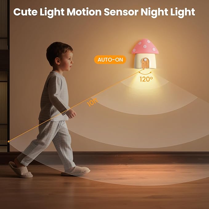 Mushroom Night Light, Rechargeable Motion Sensor Lights, 3 Color Temperatures 3000/4500/6000K & Dimmable Nightlight, Portable Led Night Lamps for Wall, Cabinet, Bedroom, Hallway, Pink