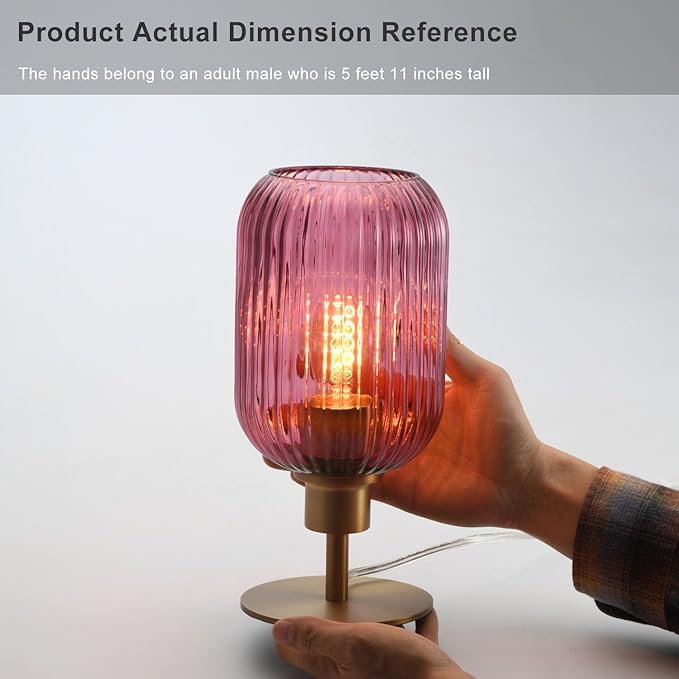Mid Century Glass Table Lamp,Dimmable Desk Lamp,LED Bulb Included,Timer Build-in,Purple Ribbed Glass
