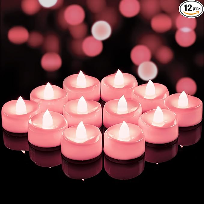 Flameless Candles, 12 Pack Tea Lights Candle Battery Operated, LED Tealight Votives, Realistic Tea Lights for Wedding Christmas Party Home Decor -D 1.5” x H 1.25” -Pink Light